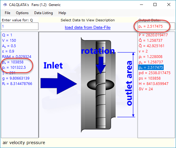 Inlet and outlet air pressures for general calculations