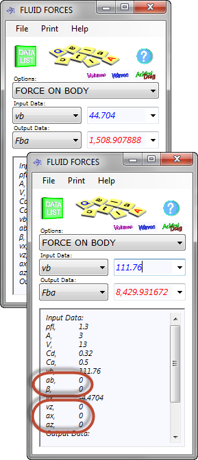 Fluid force calculator input data for a simple calculation