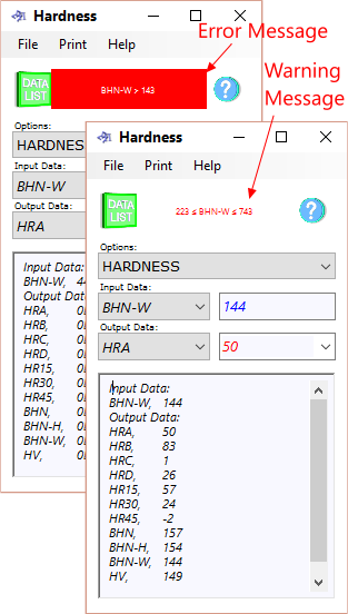 Hardness calculator warning and error messages