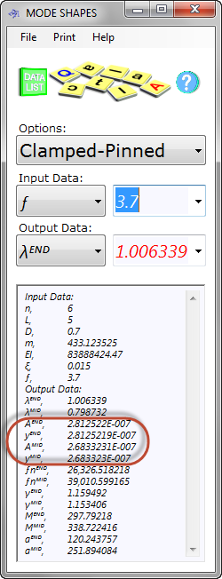 Mode shapes calculator input and output data