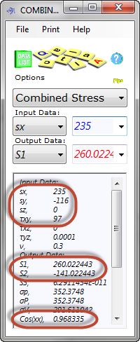 Mohr's circle calculation verified by Combined Stress