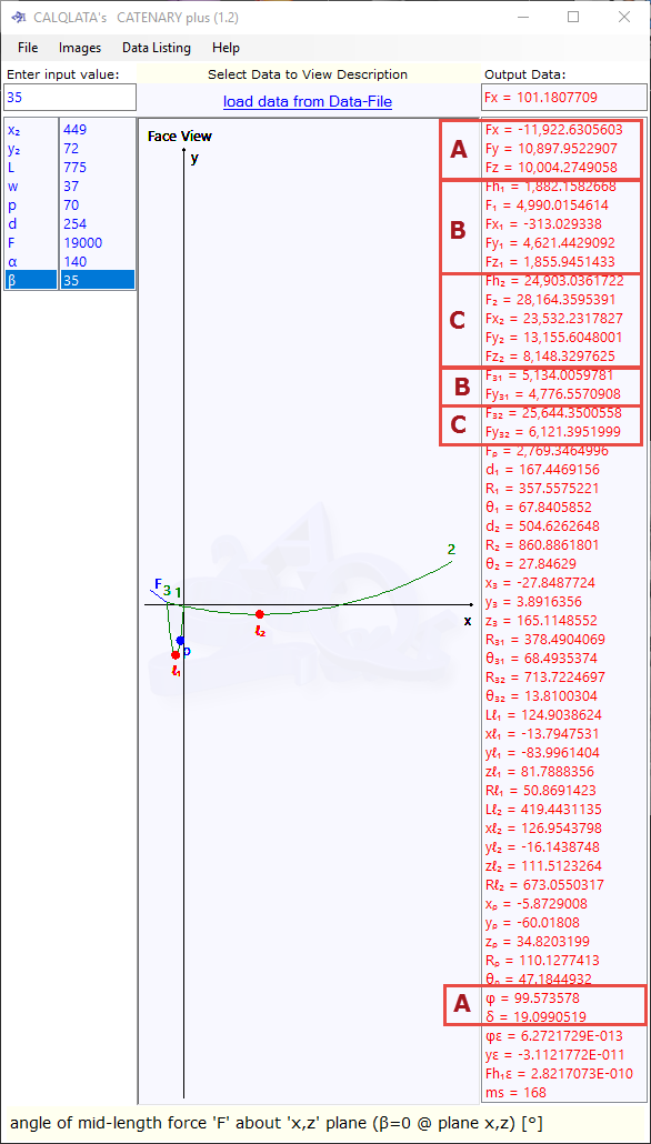 Output data from catenary calculation