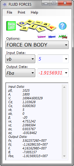 Fluid force calculator input data for a complex calculation