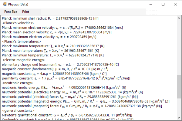 Data listing of all constants