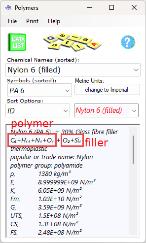 chemical formulas of polymer and filler