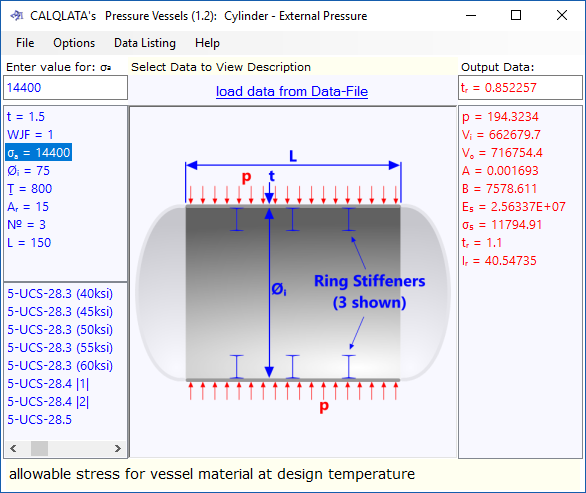 Calculator for the properties of a pressure vessel according to ASME VIII