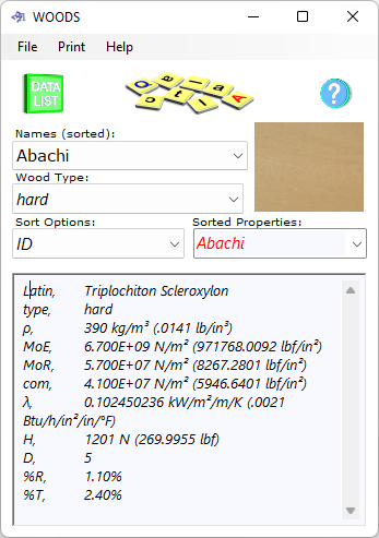 Wood properties database